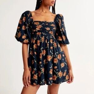 Abercrombie & Fitch Navy Blue Floral Emerson Linen Puff Sleeve Mini Dress